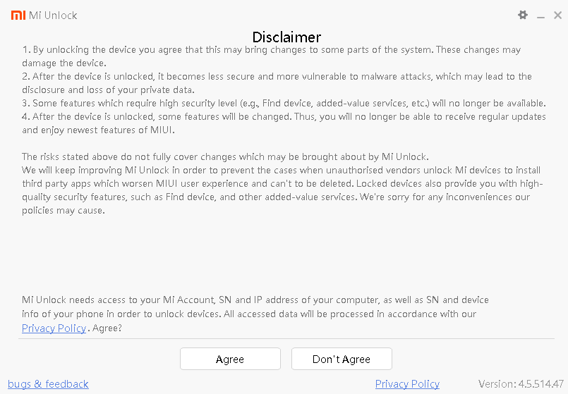 Screenshot of Mi Unlock Windows App (disclaimer)