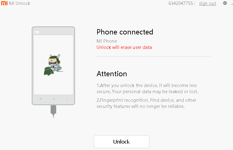 Screenshot of Mi Unlock Windows App (connected)